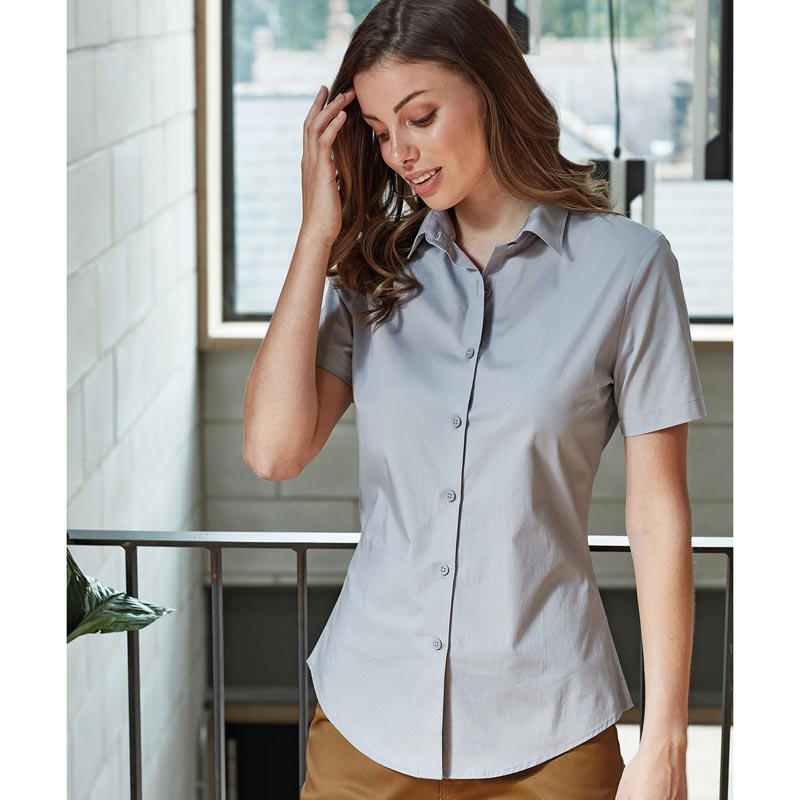 Women's stretch fit cotton poplin short sleeve blouse - Pale Blue XS